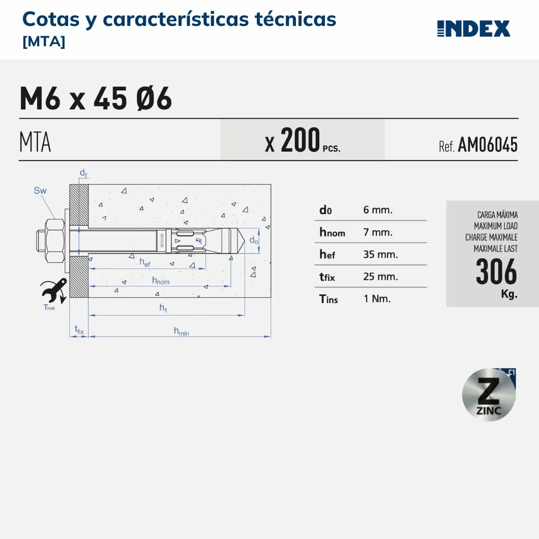 INDEX Fixing Systems MTA - Confezione da 50 ancoraggi maschio per carichi elevati, zincati, M12 x 220 mm, diametro 12 mm