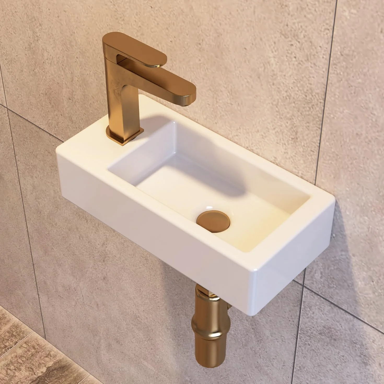Small Bathroom Sink DeerValley, 15"x7" Mini Rectangle Wall Mount Vessel Sink for Bathroom Powder Room Cloakroom, Floating Space Saving Design, Easy to Clean White Ceramic Wash Basin (Left Hand)