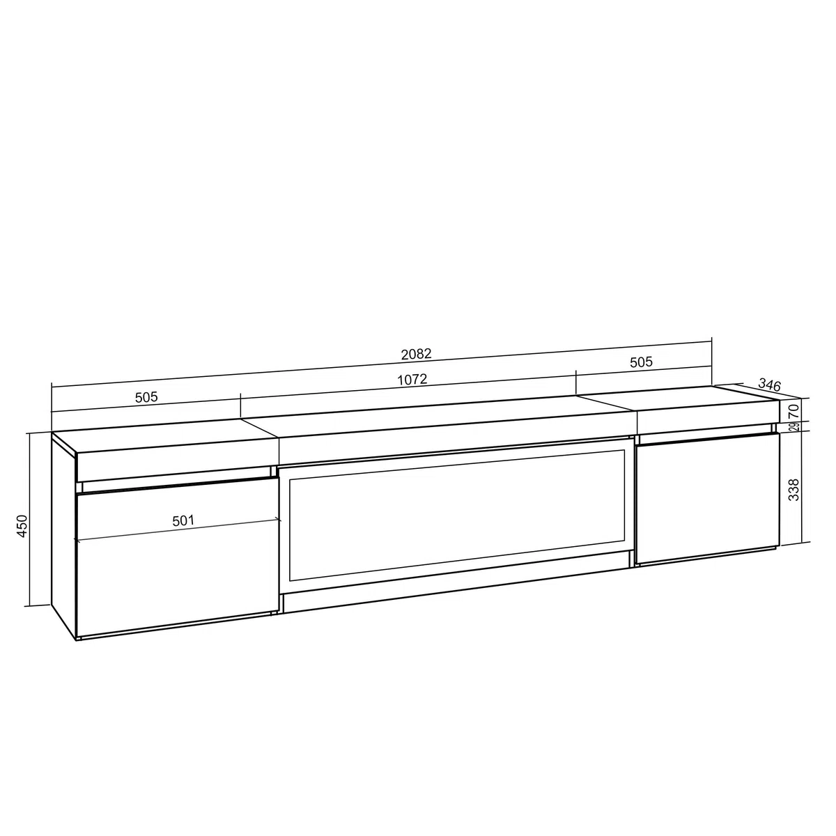 Skraut Home | Mobile TV Soggiorno | Ampio spazio a disposizione | 210 | Per TV fino a 80" | Camino elettrico XXL | Stile moderno | Cemento