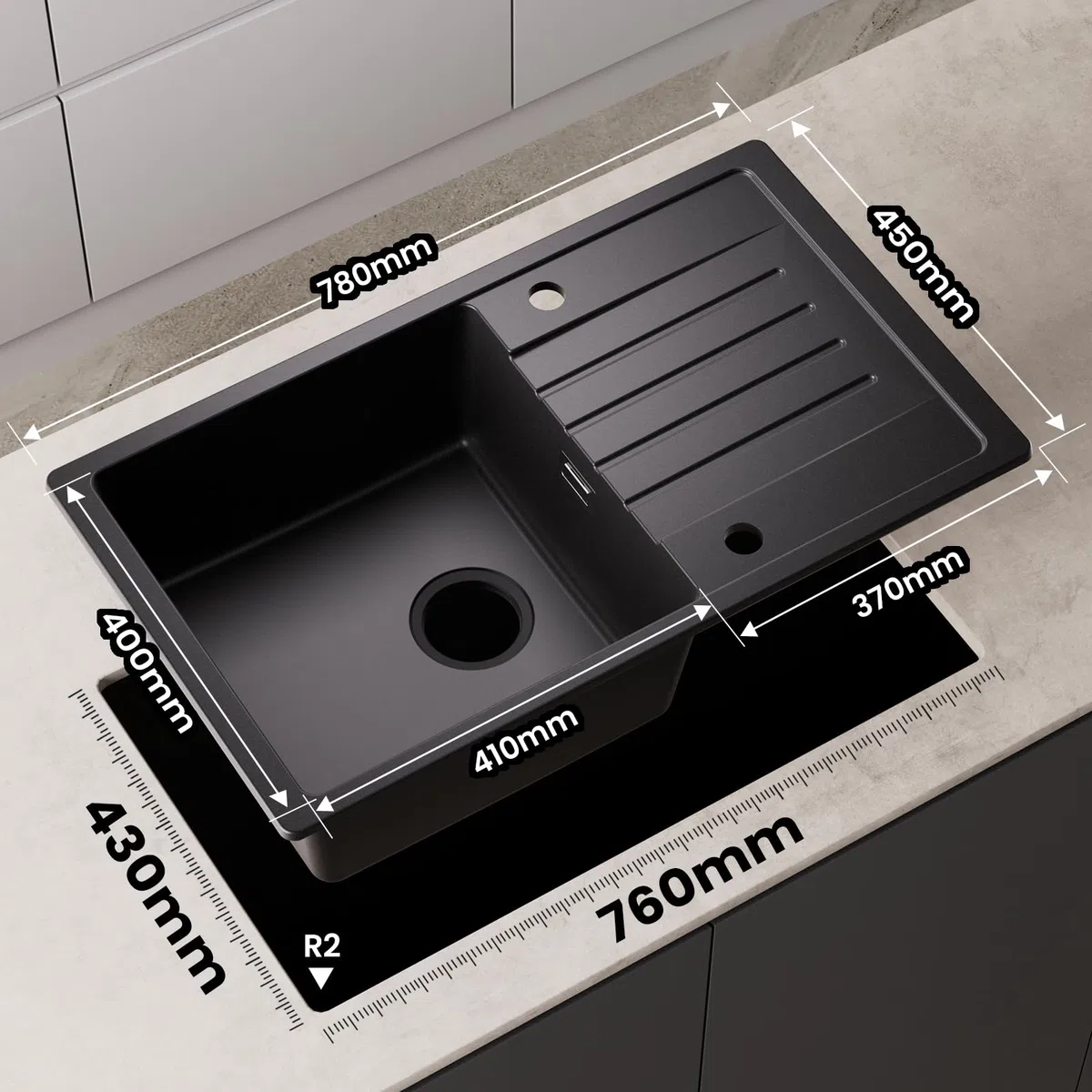 CECIPA 78 x 45 cm Lavello Cucina con Arco Rubinetto Estraibile, Lavello Nero con Gocciolatoio in Granito, Lavandino Cucina Nero per Mobile di lunghezza 60cm con Troppopieno e Sifone