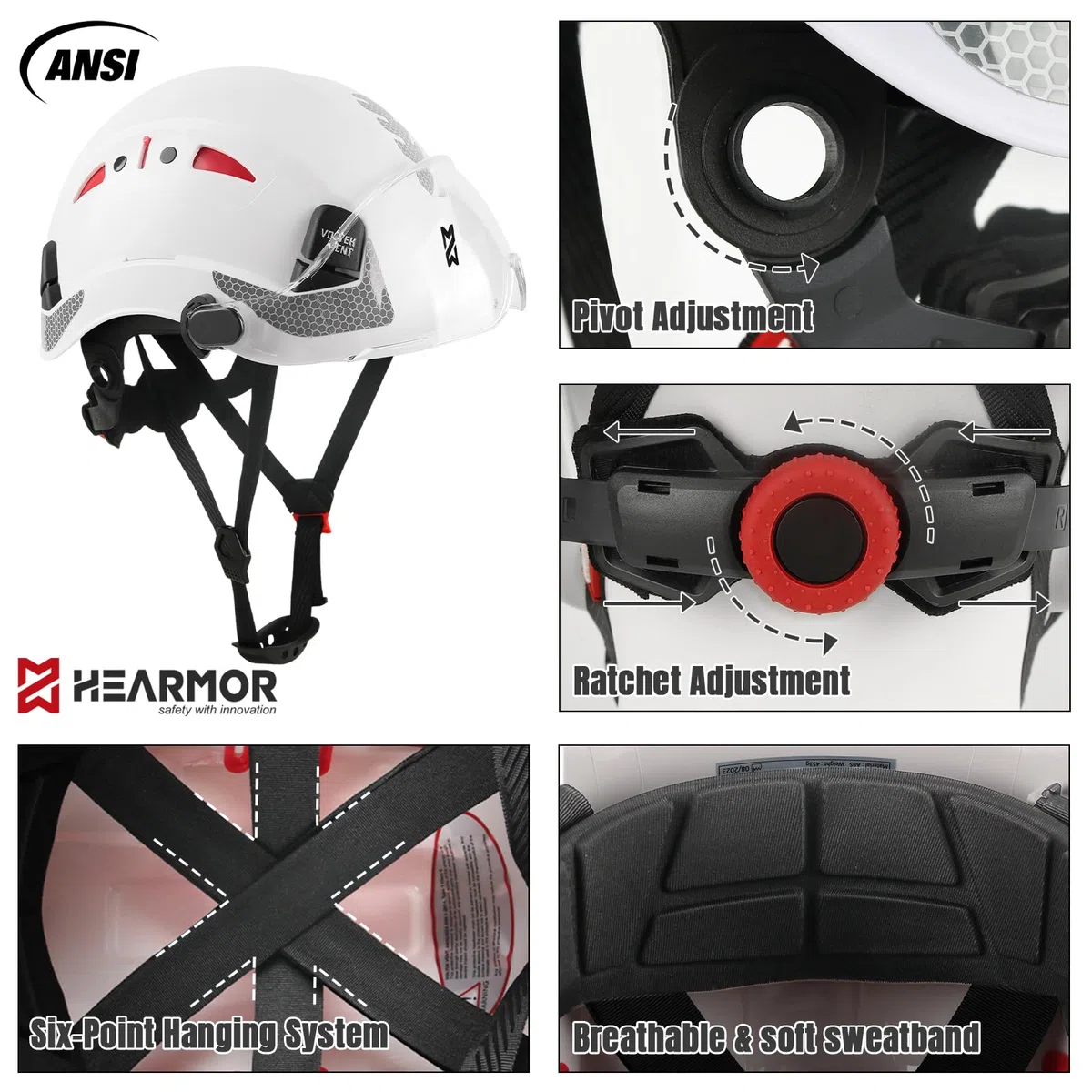 HEARMOR Casco protettivo per caschi da cantiere, EN 397, casco da lavoro ventilato per adulti, sistema a cricchetto regolabile con visiera opzionale trasparente e fumo