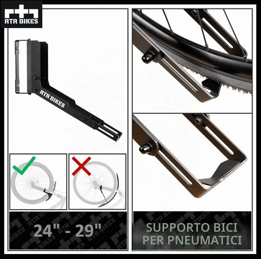 RTR BIKES Kranked Twist Gancio Bici Muro Girevole – Supporto Parete Verticale Ruotabile 180° – Per E-Bike e MTB fino a 30kg – Ruote 24-29" e Gomme 3,5" – Made in EU