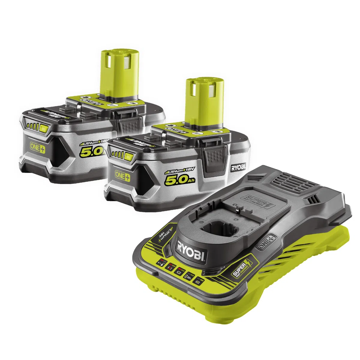 Confezione 2 batterie RYOBI 18V OnePlus 5,0 Ah LithiumPlus - 1 caricabatterie ultra veloce 5,0 Ah RC18150-250-250