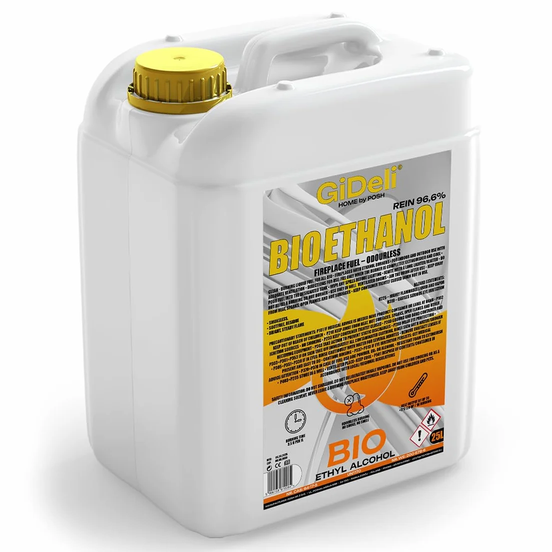 GiDeli bioetanolo 25 l inodore 96,6% etanolo per caminetti interni ed esterni - Da mais e barbabietole da zucchero