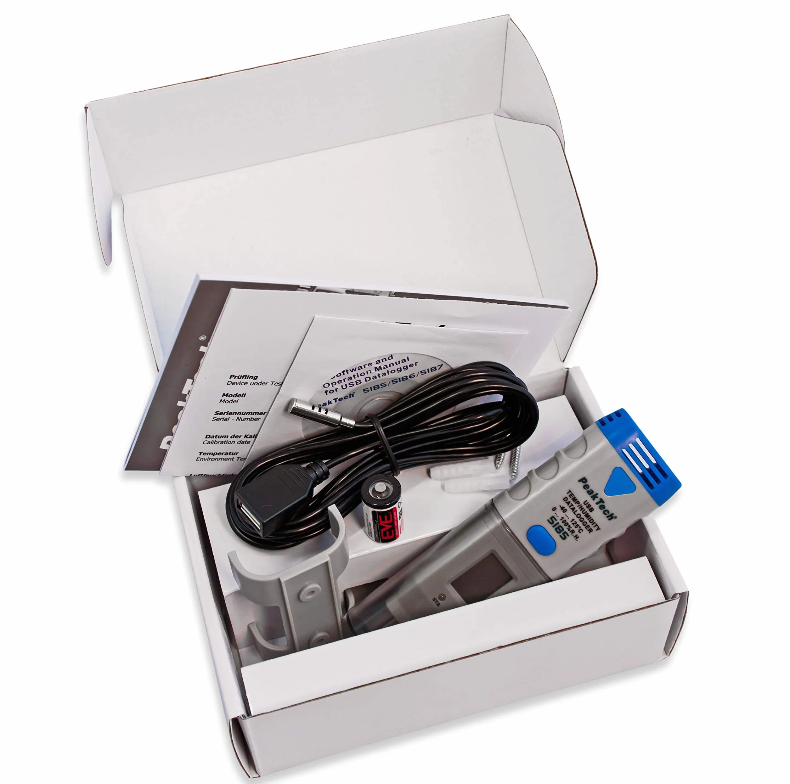 Peaktech 5185 - Registratore di Dati USB con 32.000 Letture per Misurazione dell'Umidità e della Temperatura, Schermo LCD, Software per Pc, Sensore Esterno - 60G