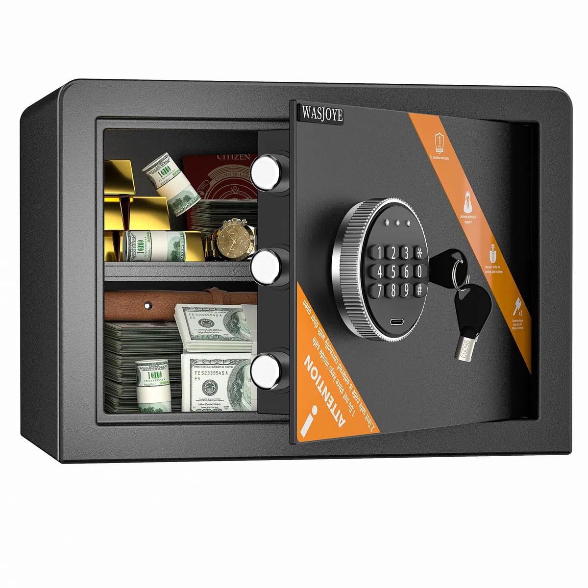 WASJOYE 25L Cassaforte con Chiave, Cassetta di Sicurezza per Denaro Tastiera Digitale Elettronica,Casseforti da Armadio per Casa Ufficio Hote Attività Commerciale Gioielleria Pistola Contanti