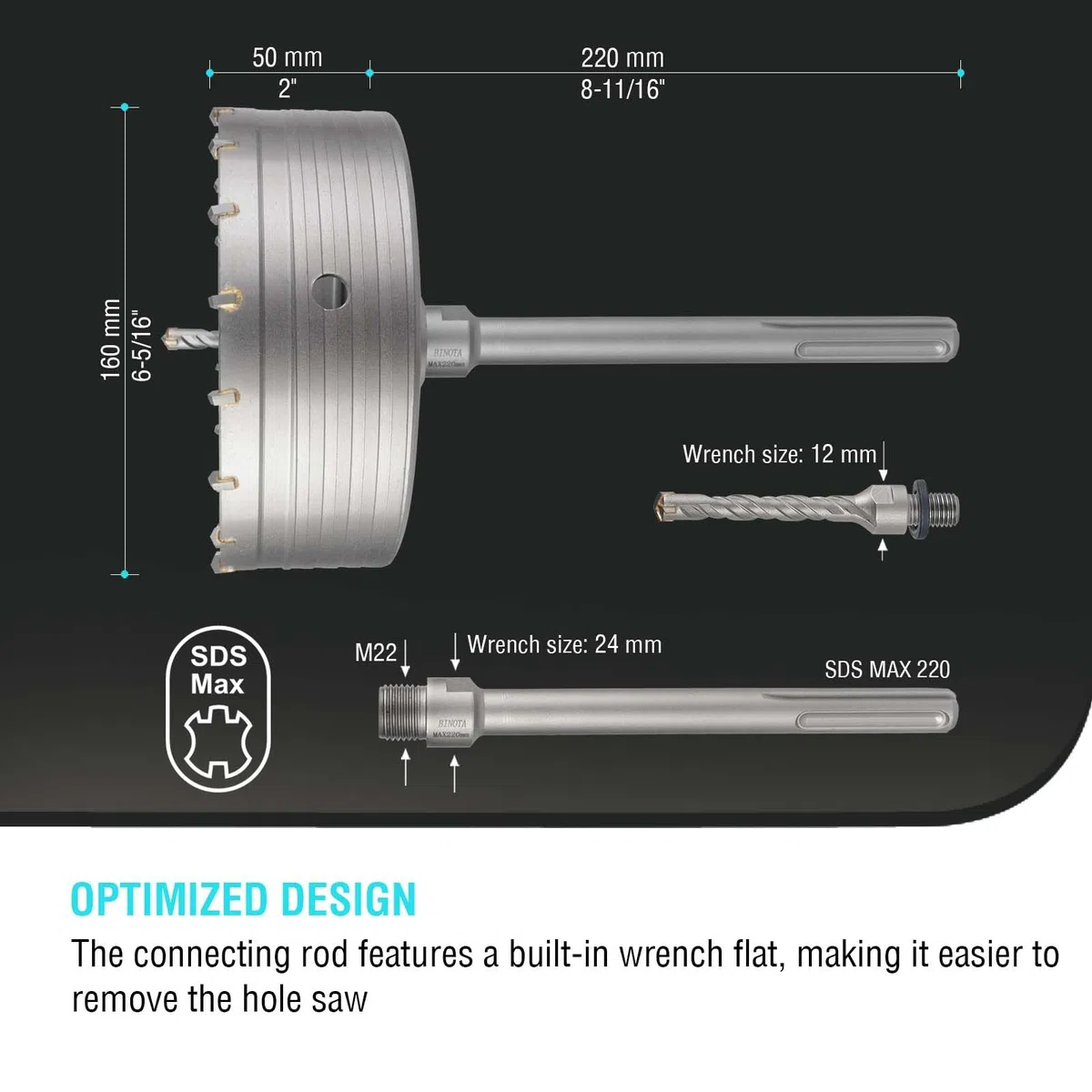 BINOTA Sega a Tazza per Calcestruzzoda 160 mm, con Punte da Carotaggio Circolare, Sega a Tazza, con Codolo SDS Max 220 mm, per Calcestruzzo, Cemento, Muri in Mattoni, Muratura