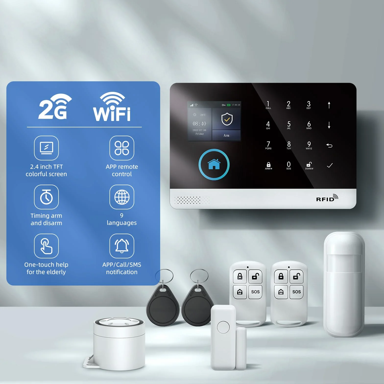 Sistema di allarme di sicurezza domestica WIFI+GSM, kit allarme fai da te con rilevatore PIR, telecomandi, sensore porta/finestra compatibile con Alexa, NESSUN canone mensile