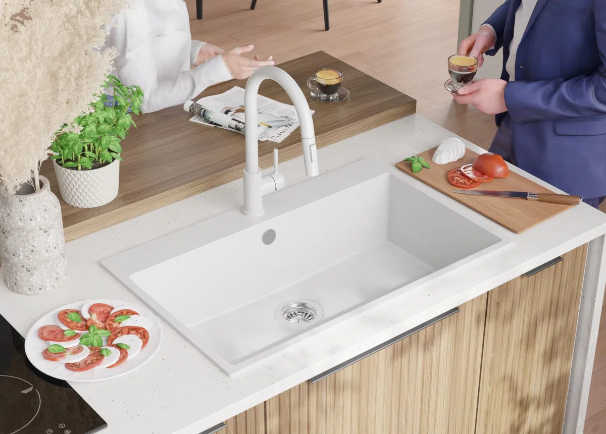 PRIMAGRAN Lavello da Cucina Bianco 78x50cm, Lavandino in Granito a 1 vasca + Sifone Classico, Lavabo da Cucina Incasso al Mobile 80cm - Riga S396
